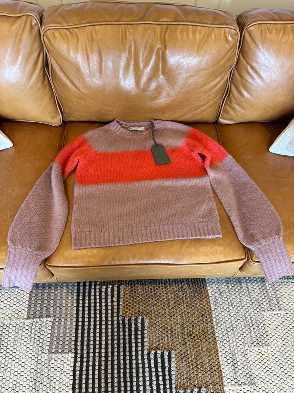 AllSaints Mauve Crewneck Sweater with Red Stripe